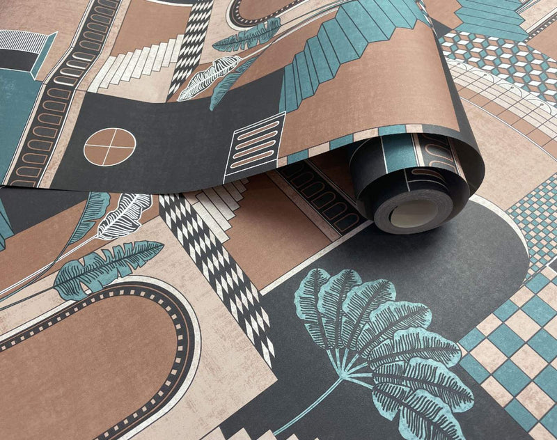 Medina - Cityscape Labyrinth Wallpaper - Orange/teal