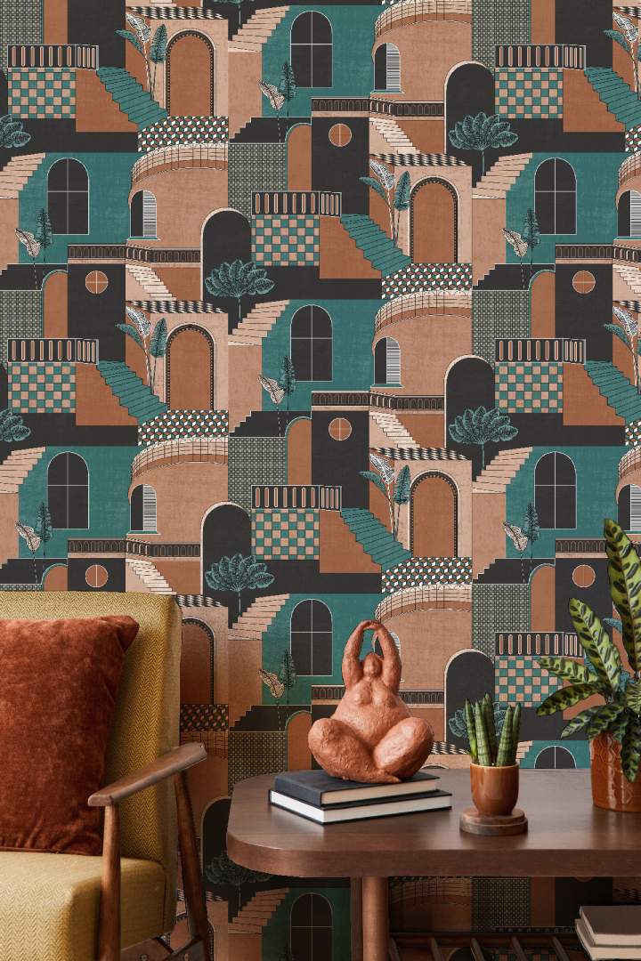 Medina - Cityscape Labyrinth Wallpaper - Orange/teal