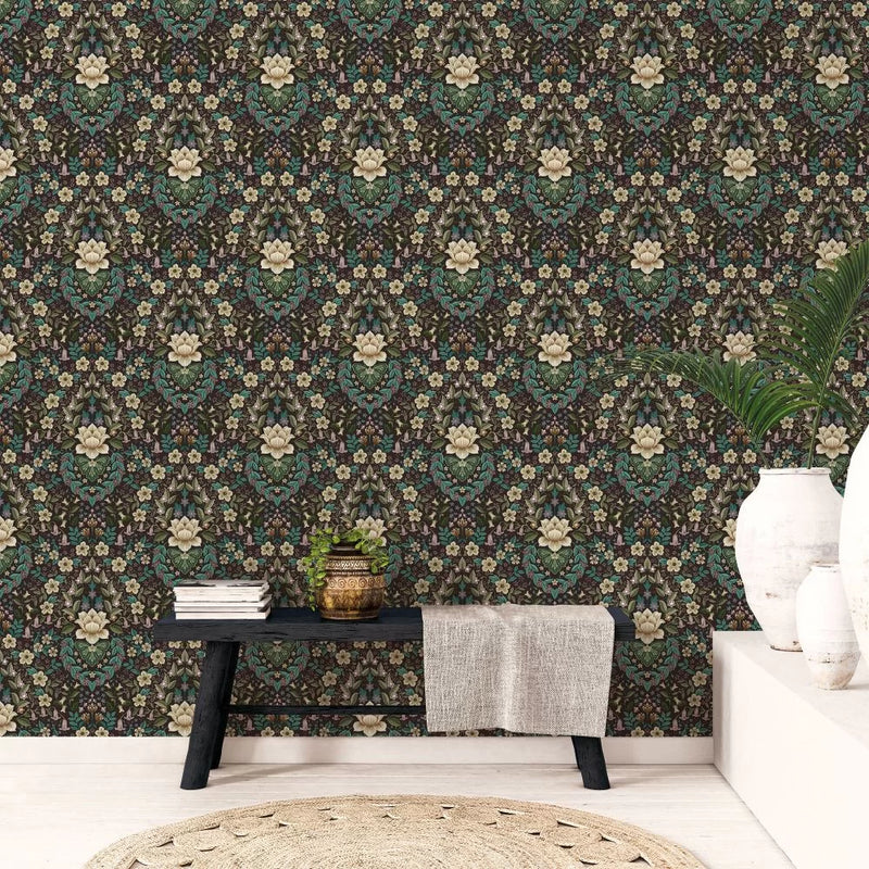 Wildflower Damask Wallpaper - Black