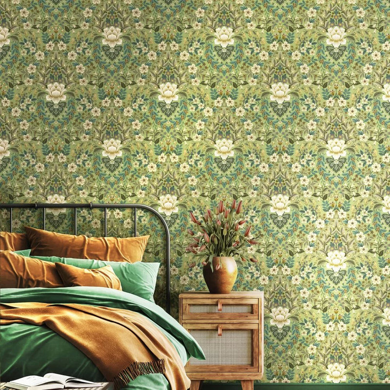 Wildflower Damask Wallpaper - Green